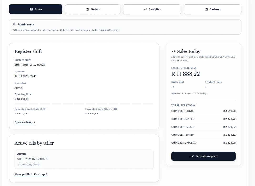 Mercata admin dashboard showing store shift, tills, and today's sales in Rand